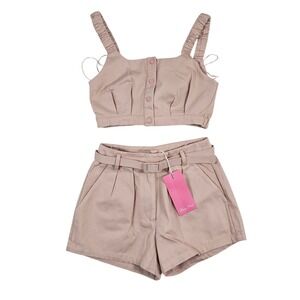 Baby Pink Two Piece Set Crop Top High Waisted Shorts Tan Beige Small NWT